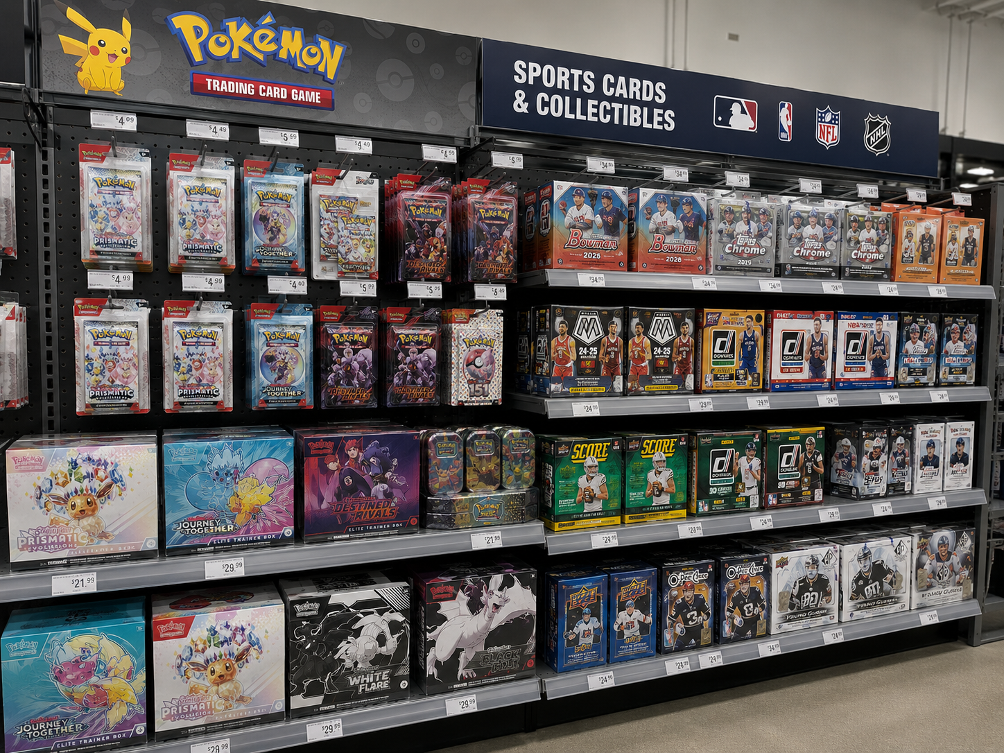 Sealed sports card and TCG hobby boxes on display shelves